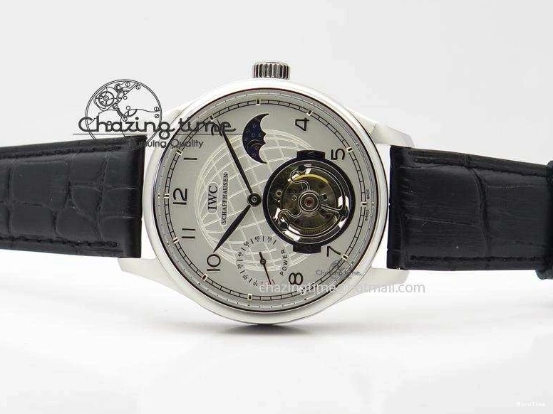 MIROTIME 0309 UrbanStyle Portuguese Tourbillon Power Reserve Moonphase SS White Dial On Black Leather Strap 7318